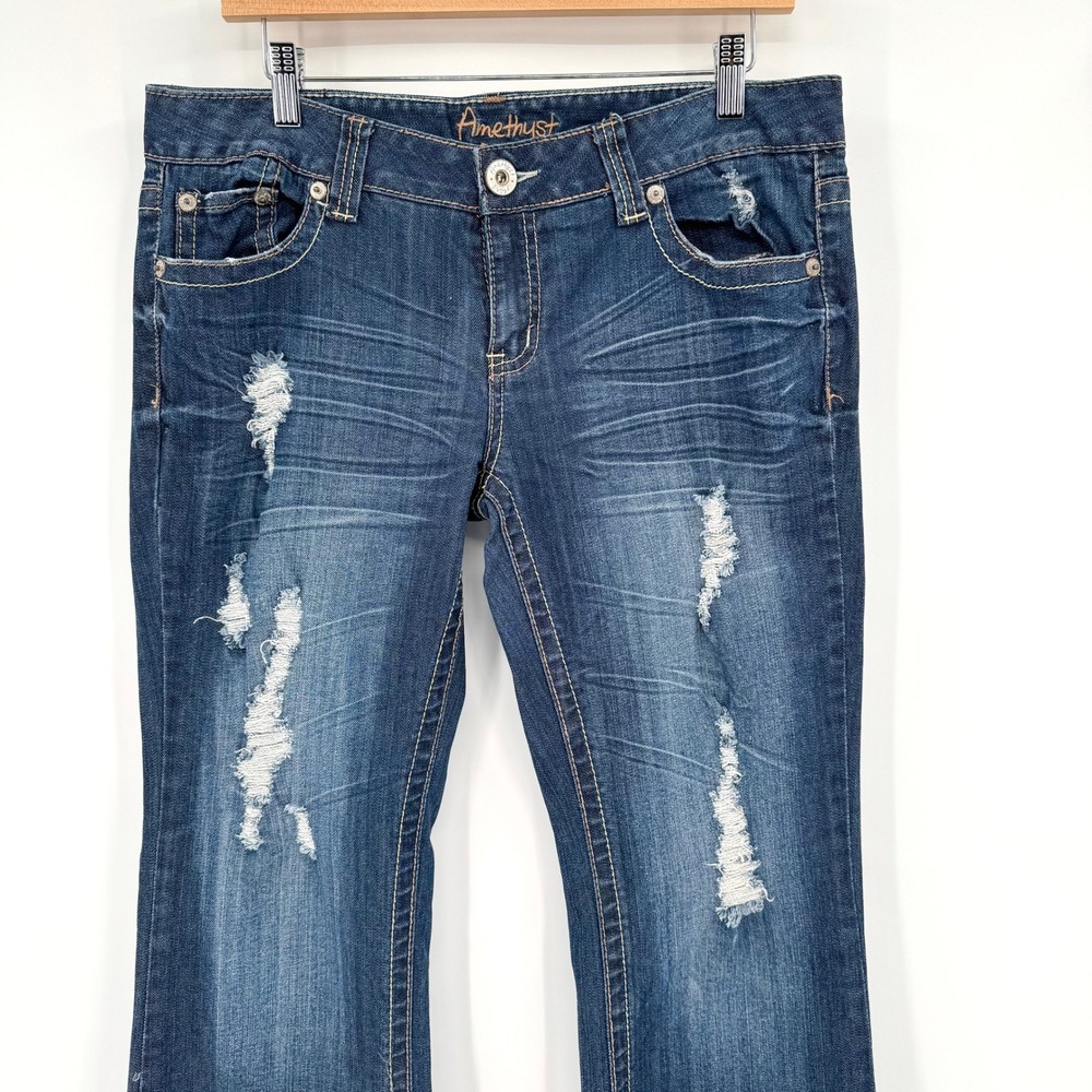 Y2K Amethyst Dark Wash Distressed Embroidered Flap Pocket Bootcut Jeans Womens - Picture 2 of 12
